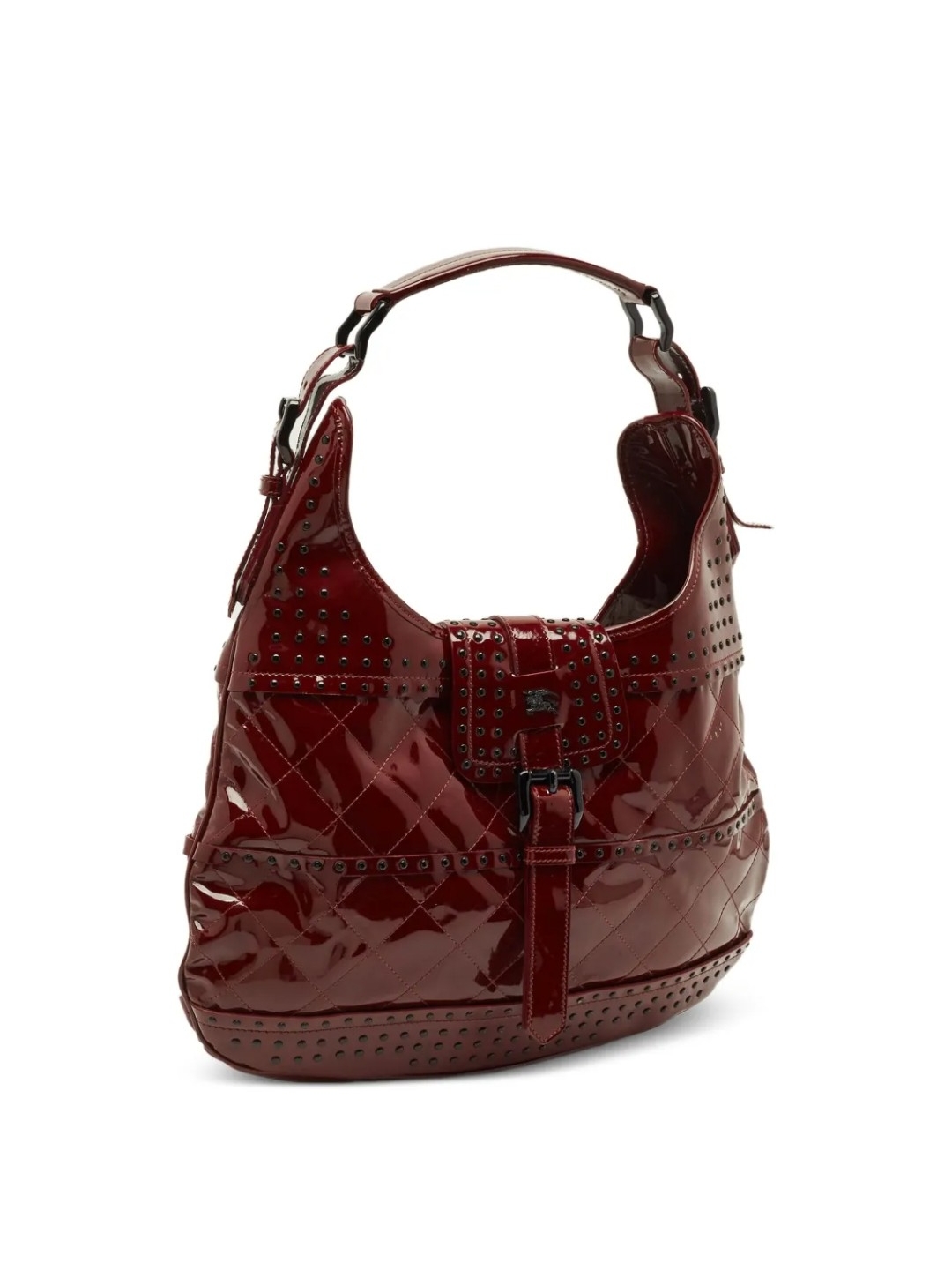 Burberry Patent Quilted Shoulder Bag In Deep Burgundy With Black Studs, Pristine